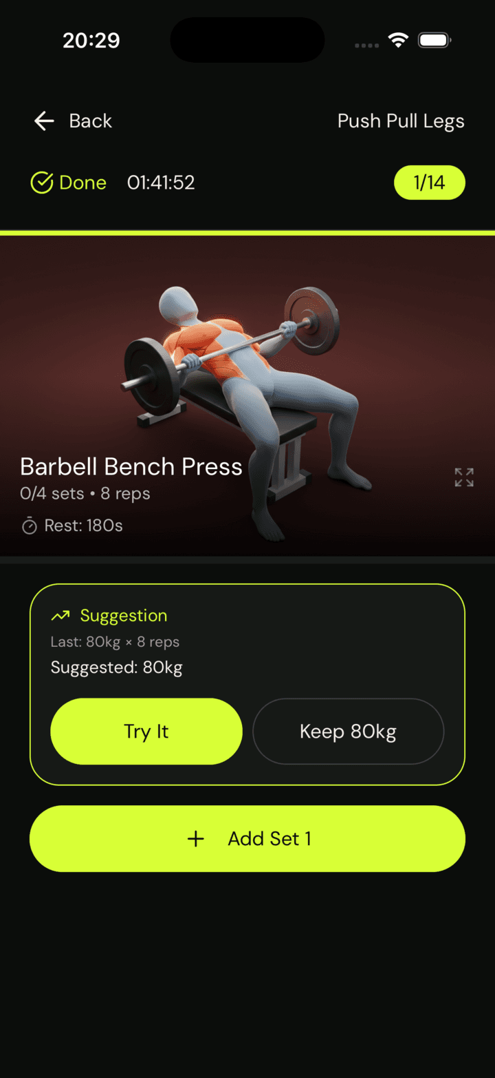 The Ariex workout screen suggesting the next working weight